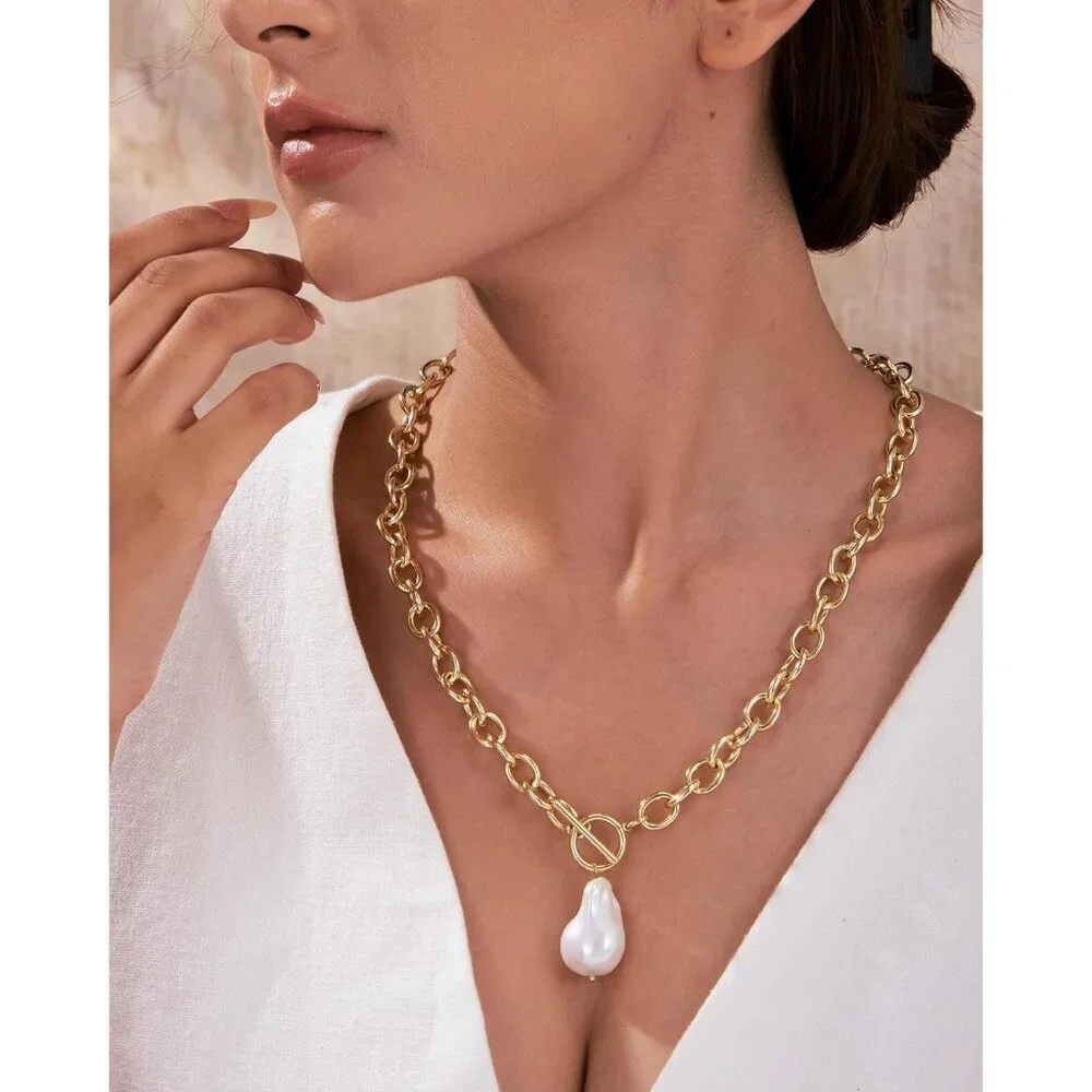 14K Gold  pearl-gd Plated Chunky Layered Necklace | Paperclip Herringbone Chain - Picture 2 of 7